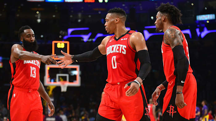 Houston Rockets guard James Harden, guard Russell Westbrook and forward Robert Covington